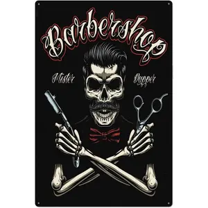 Cool Original Retro Design Skull Barber Tin Metal Signs Wall Art | Thick Tinplate Print Poster Wall Decoration for Barber Shop