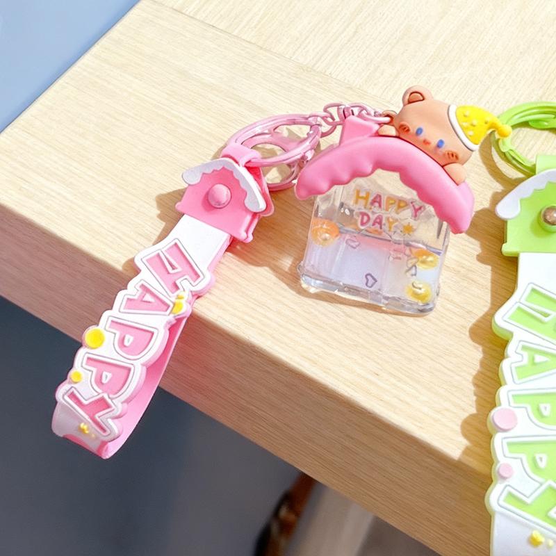 Pink "Happy Day" Bear House Liquid Keychain Cute Cartoon Bear Pendant Glitter Floating House Keychain Trendy HAPPY Strap Bag/Key Fashion Accessory