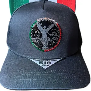 Mexican Centenario Hat – 50 Pesos Patch Cap with Rhinestones | Mexico Flag Snapback | Aztec Angel Design Adjustable