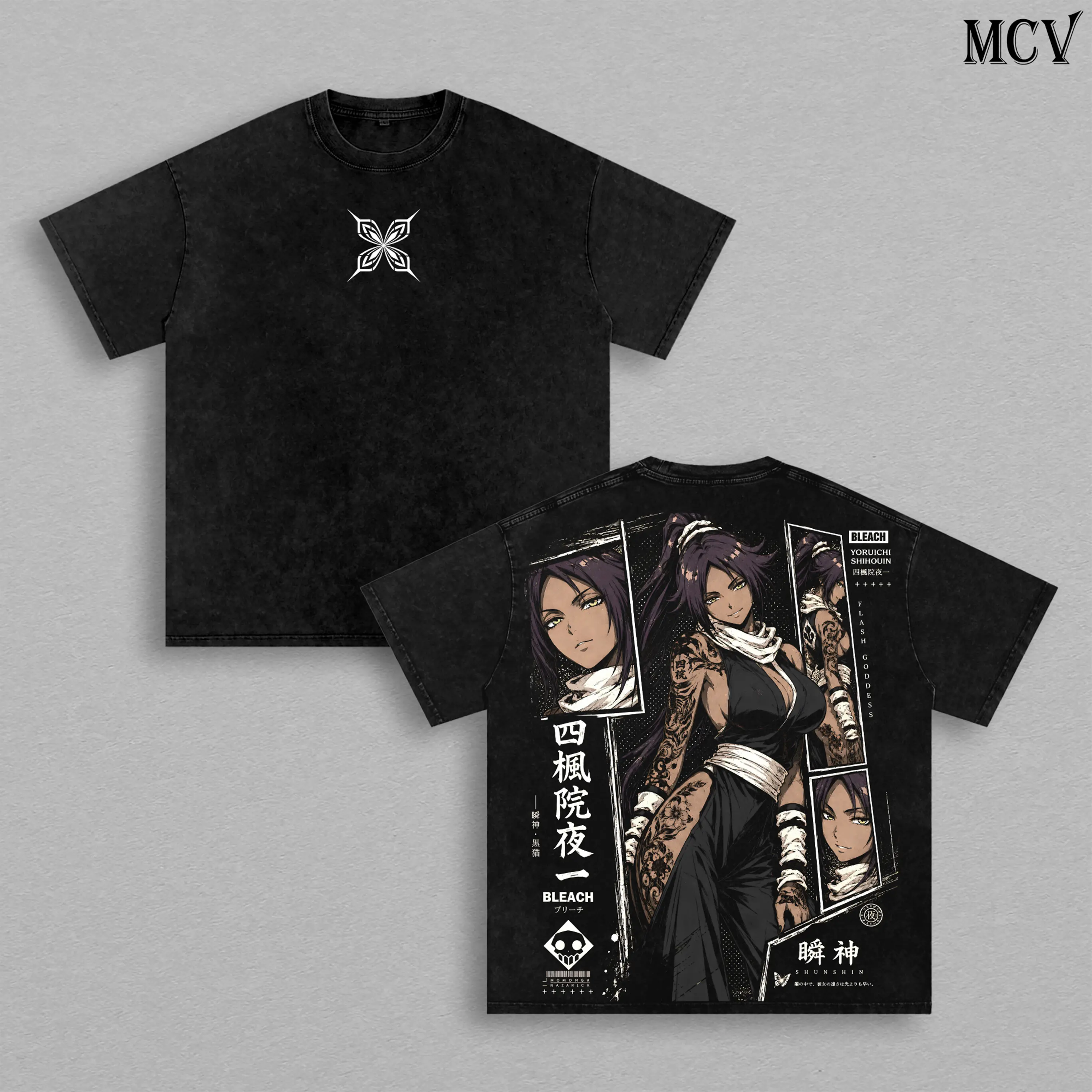 Yoruichi Shihōin Bleach Tee – Yoruichi Shihōin Vintage Washed T-Shirt, Japanese Irezumi Gothic Blackwork Tattoo Art, Flash Goddess Anime Manga Graphic Tee, Heavy Cotton Unisex Oversized Streetwear Top