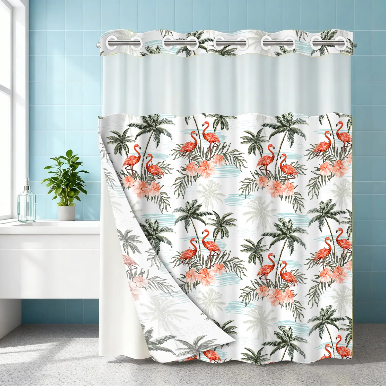 1PC double-layer large ring shower curtain, tropical pattern of flamingo and palm tree, shower curtain, high-end quick drying hanging curtain, bathroom, curtain, waterproof, anti mold curtain, Bathroom Shower Curtains