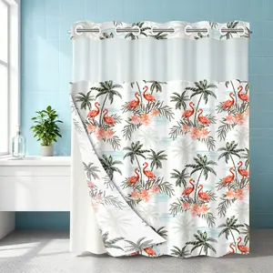 1PC double-layer large ring shower curtain, tropical pattern of flamingo and palm tree, shower curtain, high-end quick drying hanging curtain, bathroom, curtain, waterproof, anti mold curtain