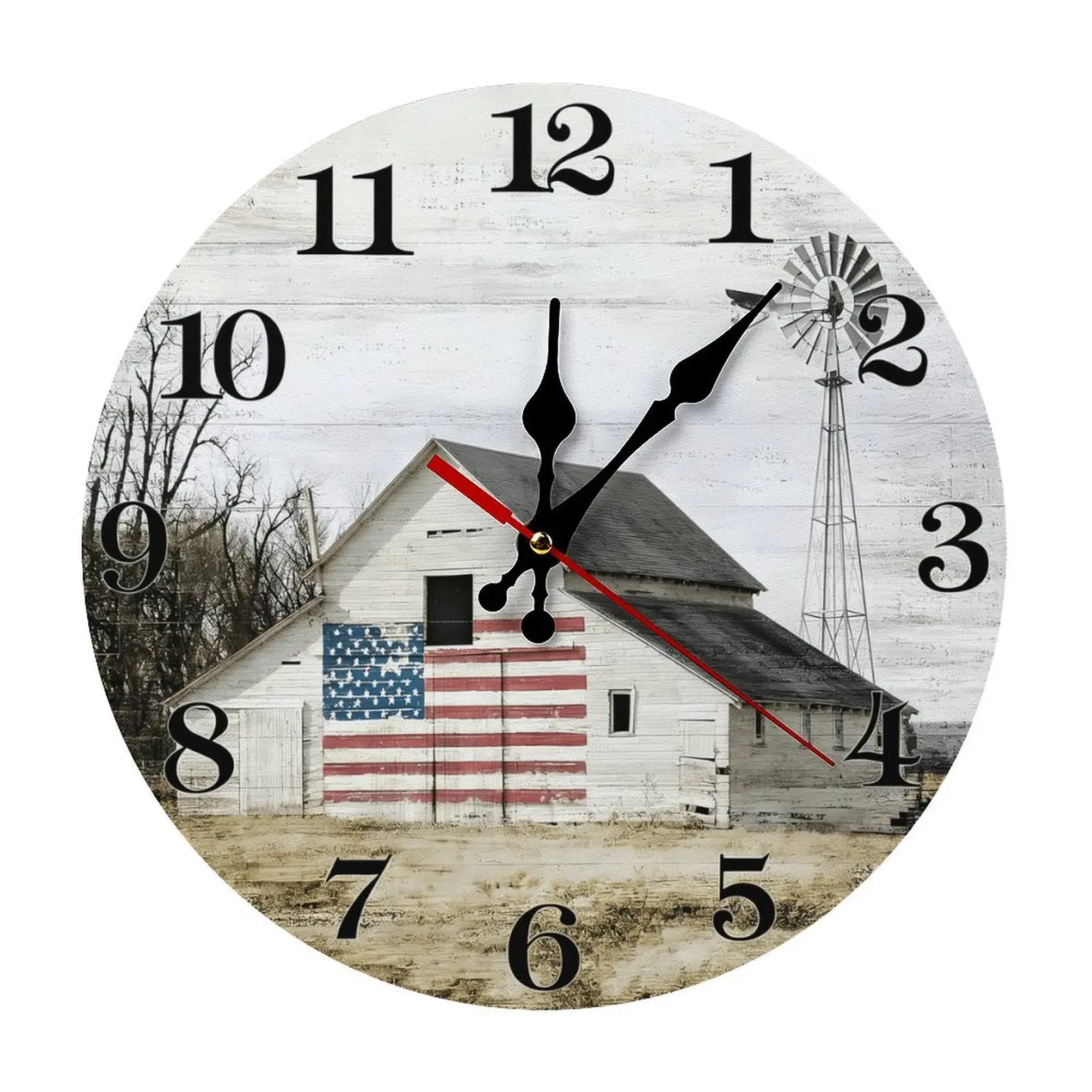 Rustic Vintage Wood Patriotic Barn Wall Clock - Silent Sweep Movement, American Flag & Windmill Print, Battery Not Included, Retro-Inspired Large-Format Wall Clock for Country Kitchen, Living Room Decor, Home Decor