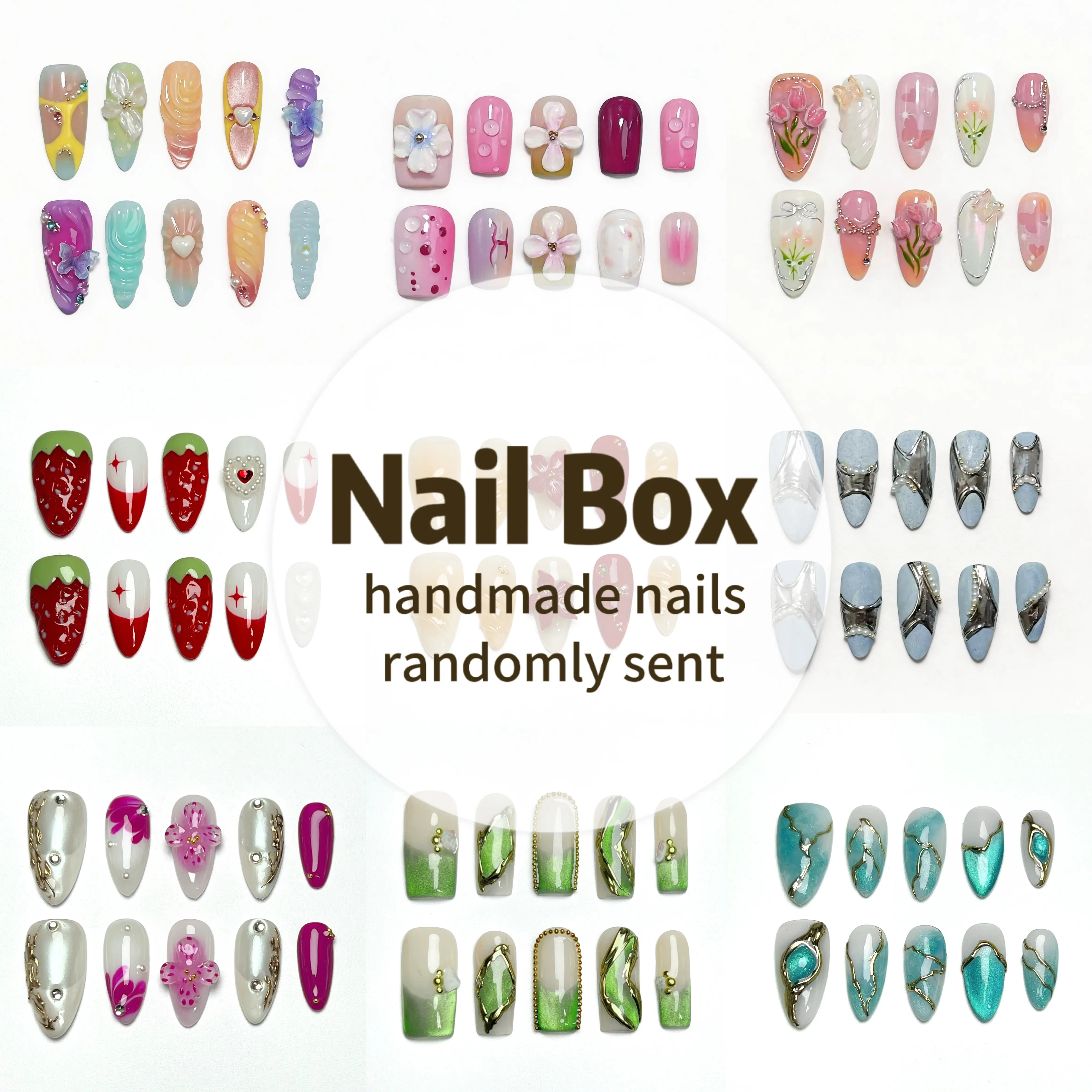 Moonovate - NAIL BOX 10 Pairs Random Nail Bundles Handmade Press On Nails Free Tool Kit Moonovate - NAIL BOX 10 Pairs Random Nail Bundles Handmade Press On Nails Free Tool Kit