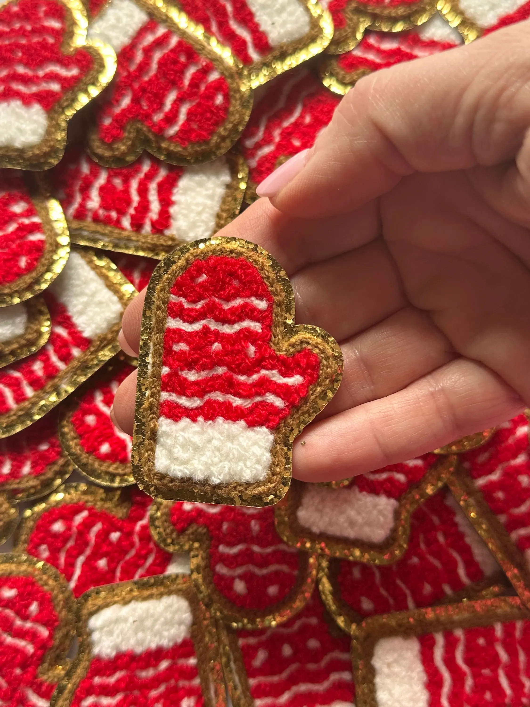 Christmas Red Mitten Patch, Chenille Iron on patch, Glitter border patch, Iron On patch, Hat Patch, Christmas patch