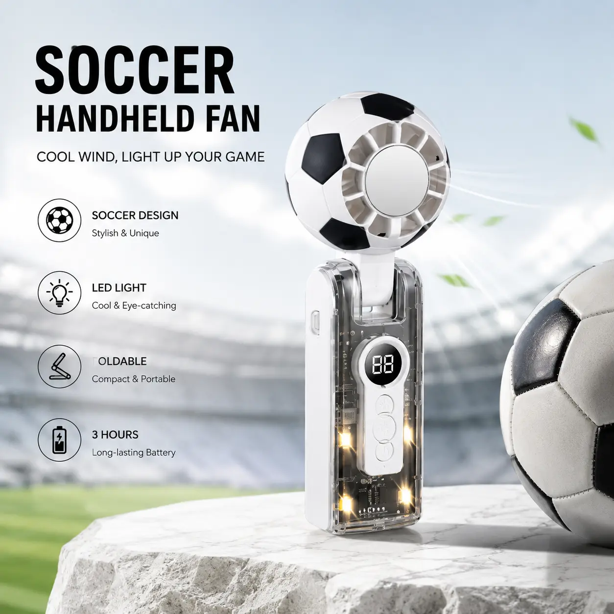 X68 Foldable Head Football USB Fan - 222.8g Lightweight, 5W Power, 100 Speeds, Adjustable Flow Rate, Digital Turbo Protection, Portable, 3C-Certified Lithium Ion Battery, LED Light, USB Port, 3H Max/10H Low Runtime, Ideal for Watch Parties, Outdoor Use