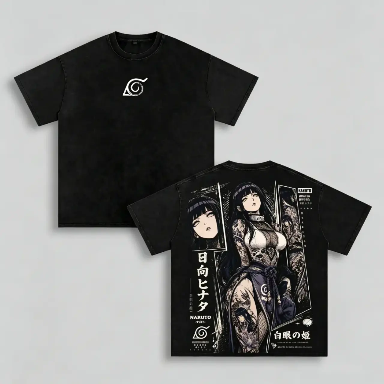 Hinata Hyuga Naruto Tee – Hinata Hyuga Vintage Washed T-Shirt | Byakugan Princess | Hyuga Clan Anime Manga Graphic Tee | Heavy Cotton Unisex Oversized Streetwear Top|Washed Black Oversized Anime Graphic Tee Double Sided Hinata Vintage Streetwear T Shirt