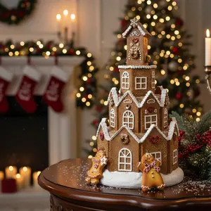 Gingerbread House Decor - LED Lighted  christmas village houses Parent-Child DIY Enchanted Resin Holiday Decor for Home/Party & Collectible Festive Display Decoration Battery Operated High 12.2 Inches + 4pcs Gingerbread Man Ornaments warm  tacky candyland