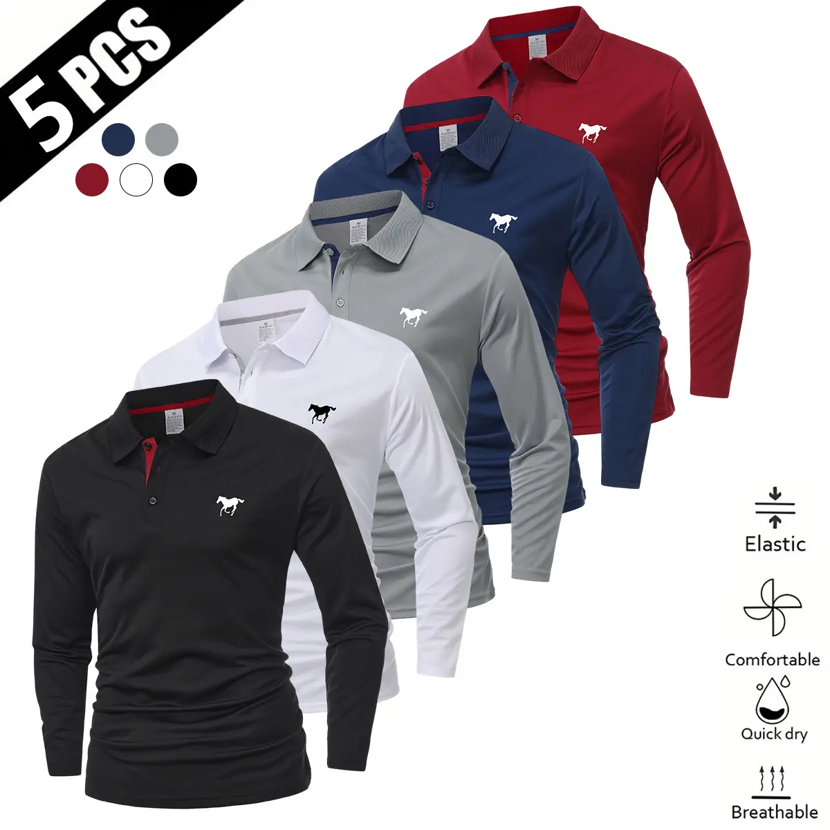 5-Pack Men’s Casual Autumn/Winter Printed Long Sleeve Polo Shirt – Color-block design, turn-down collar, machine washable, lightweight and breathable, durable fabric shirt, outdoor casual shirt, bold horse print design, durable material.