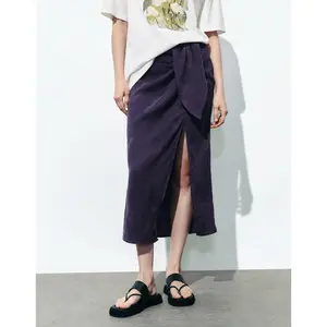 URBAN REVIVO 2026 Spring New Arrival Women's Casual Lyocell Blend Midi Skirt - 78cm Length, Multi-Size, Minimalist Tie Waist, Wrapped Cut, Side Slit, Plum Color, Comfortable Bottom UWH540044, Midi Skirts