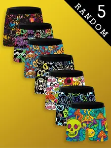 5 Random Pairs! Trendy Guys' Stretchy Boxer Briefs, rich letter prints with cute or funny cartoon patterns. Stylish printed comfy boxers, soft daily leisure underwear, Casual Underwear Brief