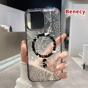 Oil Full of Western Elements Pattern Magnetic Phone Case for iPhone 15 16 14 Pro Max 13 12 11 XR XS Plus E Clear Crystal Drop-proof Slim Silicone Shockproof Transparent Protective Cover Supports Wireless Charging