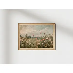Vintage Pastel Wildflower Field Painting: Spring Landscape Art, Floral Vintage Wall Art, Everyday Basic, Never Outdated, Cool Colors, Brighten Up Your Look