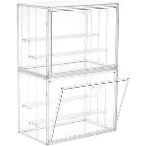 Acrylic Display Case for Collectibles 3 Layer Adjustable Figure Display Case with Magnetic Door Clear Stackable Display Box for Figures Showcase 2Pack