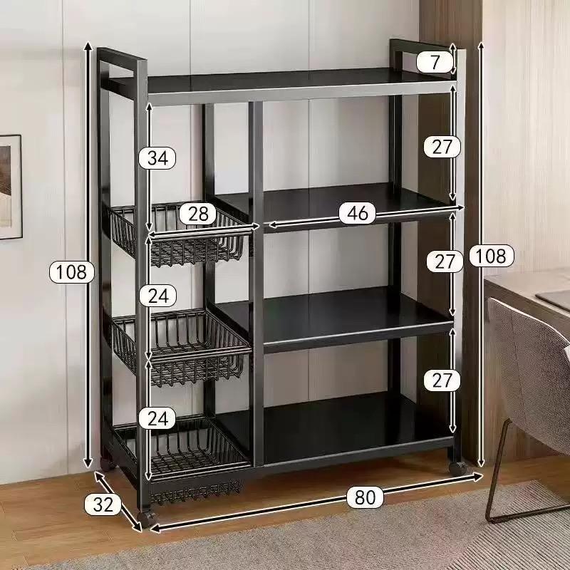 [Multi-Purpose] Metal Rolling Kitchen Storage Rack with Open Baskets – Black 3-Tier / 4-Tier Wheeled Organizer Cart, Multifunctional Floor Storage Stand, Efficient Space-Saving Kitchen Organizer and Storage Rack