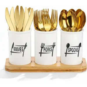 4 Pc Flatware Silverware Holder with Wood Tray, Utensils Holder Silverware for Counter, Cutlery Organizer for Table Countertop Knife Fork and Spoon Holders for