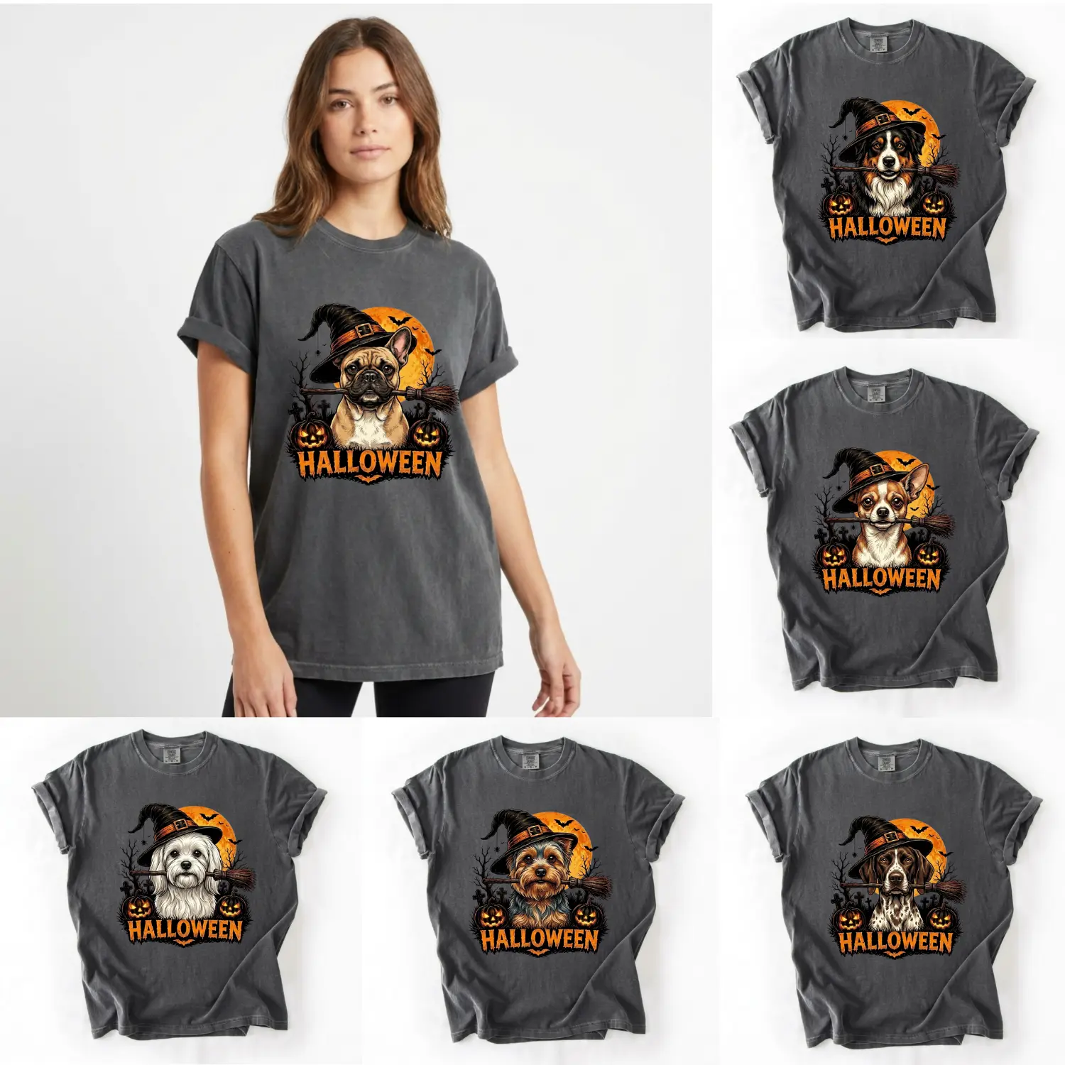 Comfort Colors 50+ Cute Halloween Dog Shirt | Halloween Puppy Shirt Witch Dog Graphic Tee | Pumpkin Graphic Tee