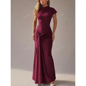 Lace Up Bandage Patchwork Ruched Short Sleeve Long Dress In Brown