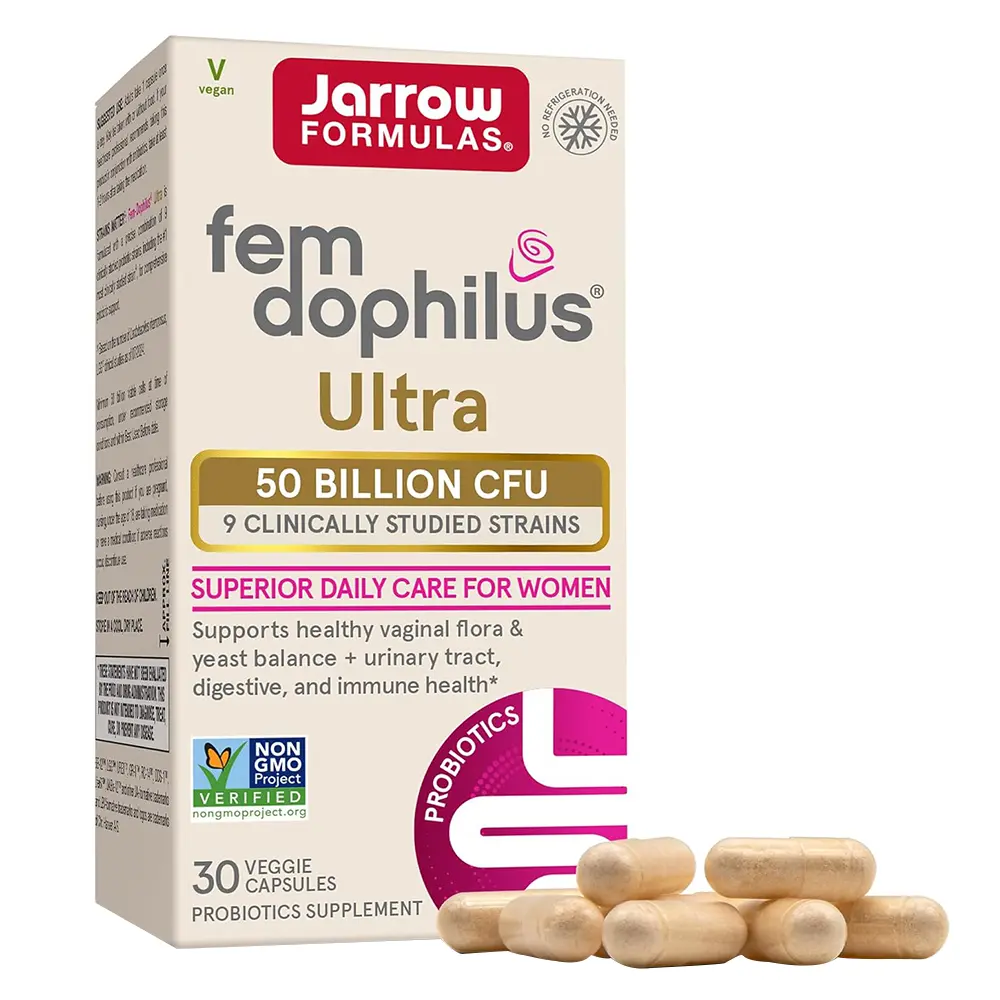 Jarrow Formulas Fem-Dophilus Vaginal & Digestive Probiotic 50 Billion CFU, 9 Clinically-Studied Strains, for Vaginal Flora & Yeast Balance, Urinary Tract, Digestive, & Immune Support, 30 Capsules