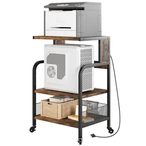 3-Tier Rolling Printer Stand with Power Outlets & USB Ports, Industrial Heavy Duty Lockable Mobile Printer Cart with Adjustable Shelf, Retro Brown for Home Office Organization