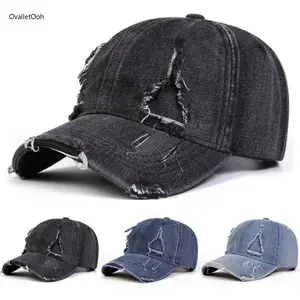 Unisex Vintage Edge Holes Denim Baseball Cap, Adjustable Outdoor Sunscreen Leisure Hat for Travel, Beach & Vacation Wear,summervibes