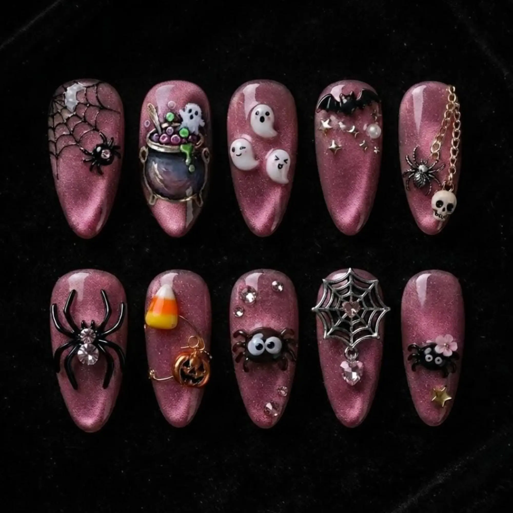 Pink Halloween Press On Nails, 3D Ghost Spider Web Cauldron Gothic Handmade Reusable Nail Set