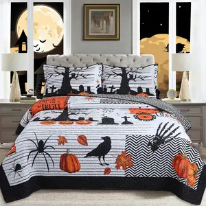 Halloween Themed Quilt Bedspread Set - 3 Piece Reversible Flat Weave Polyester Bedding with Pumpkin & Spider Design for Spooky Season Décor
