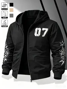 Men's Hooded Zipper Jacket, Letter Print Design, Windproof Durable Wrinkle-Resistant Fabric, Loose Fit, Casual All Seasons Wear