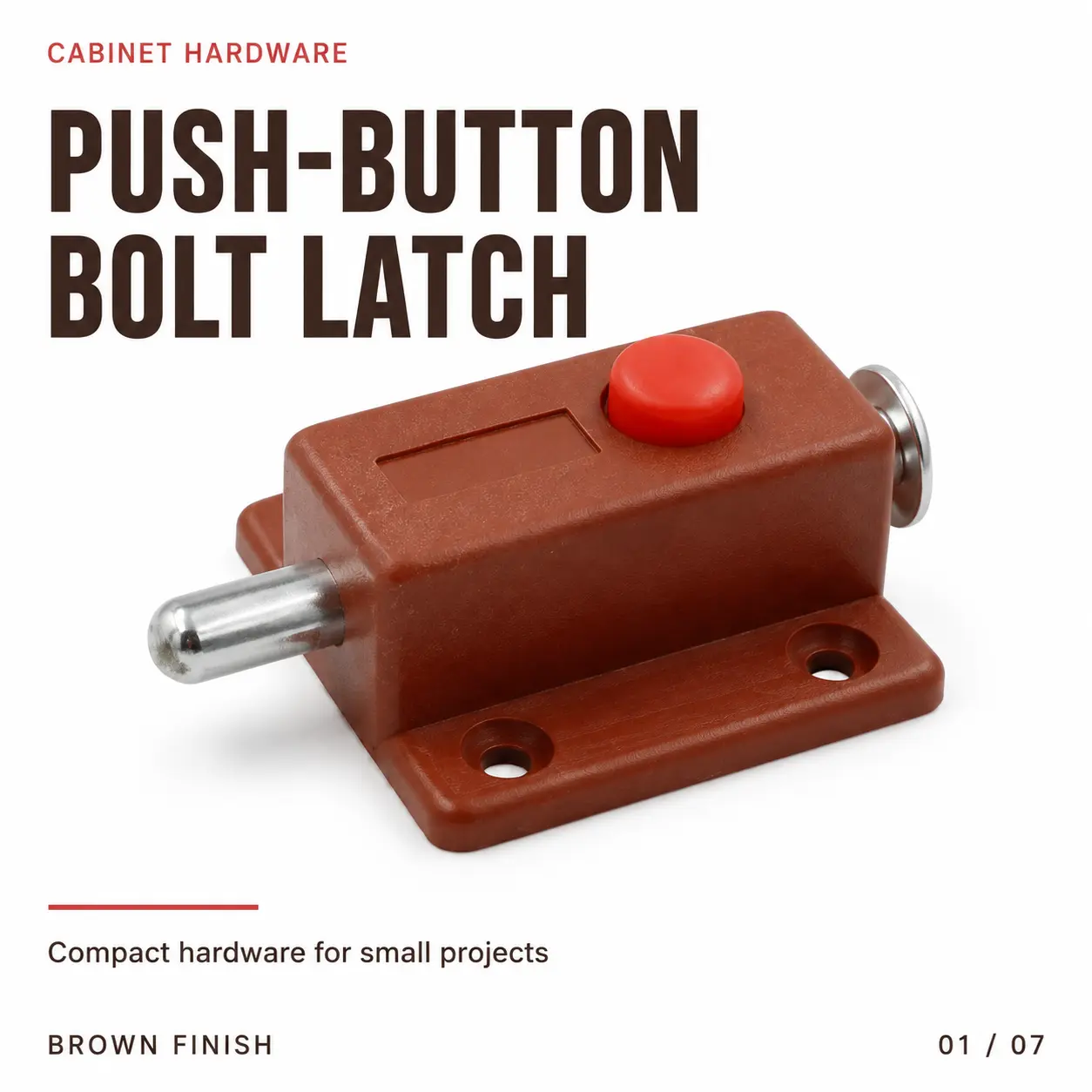 Push Button Bolt Latch, Compact Cabinet Door Lock with Spring Bolt, Small Brown Latch for Cabinet, Drawer, Box & DIY Furniture Hardware