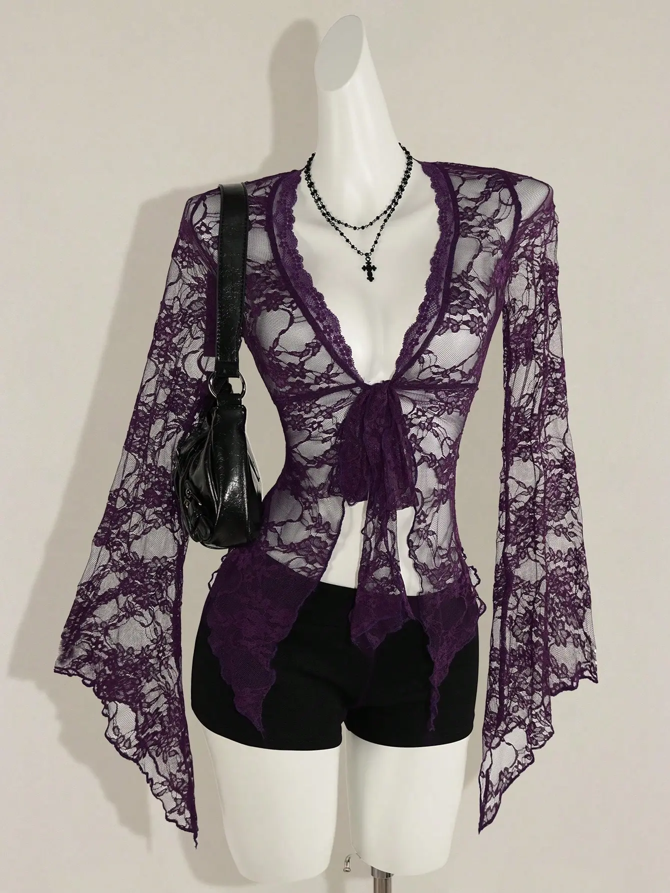 AESS Y2k Women's Western Country Concert Boho Hippie Goth Sheer Burgundy Sexy Lace Twist Front Long Sleeve Cardigan