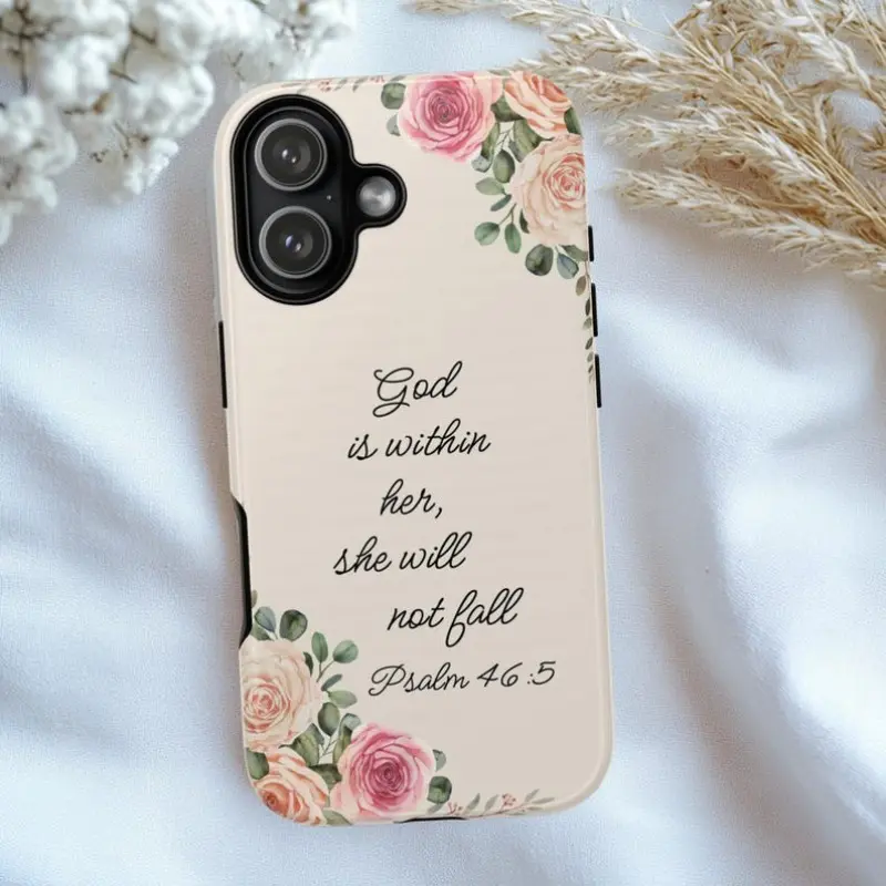 Christian Floral Bible Verse Cellphone Casing - Durable Shockproof Polycarbonate Shell, God Is Within Her Psalm 46:5 Flower-Print Cover, Protection Accessories for iPhone 11 12 13 14 15 16 17 Pro Max Air Plus