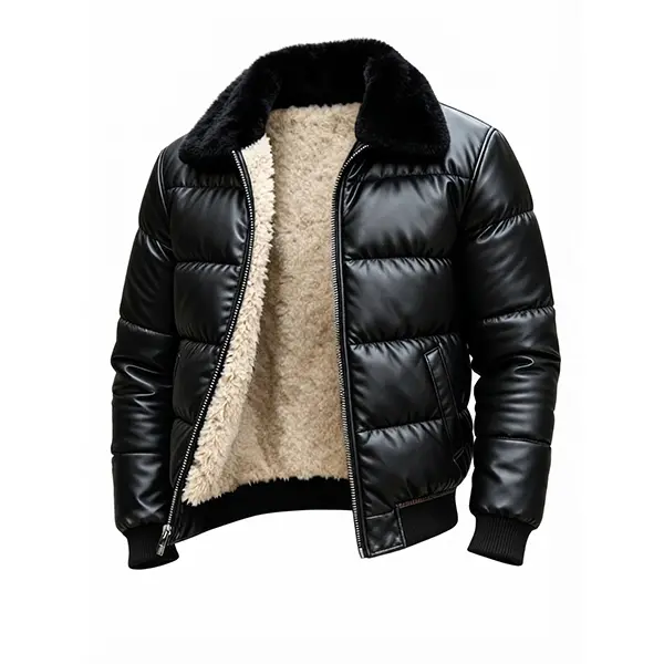 Men's Black  Leather Puffer Jacket with Sherpa Lining – Warm Winter Zip-Up Coat