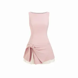 Cider Bowknot Asymmetrical Hem Sleeveless Mini Dress