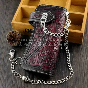 Skull Chain Wallet Long Leather Craft Bag With Metal Chain For Mens
