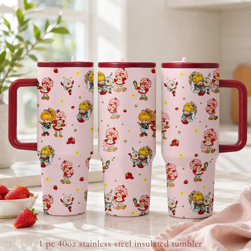 1-Piece 40 Oz Insulated Strawberry Print Tumbler, Double-Wall Vacuum Leak-Proof Portable Travel Mug with Handle and Lid, Keeps Drinks Hot 12H Cold 24H, Summer Drink Cup for Beach Picnic, Ideal Gift for Women and Girls, Leakproof Tumbler