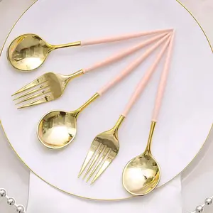 24-Pack Plastic Utensil Set 6" Gold/Blush - Premium Modern Heavy Duty Disposable Fork and Spoon