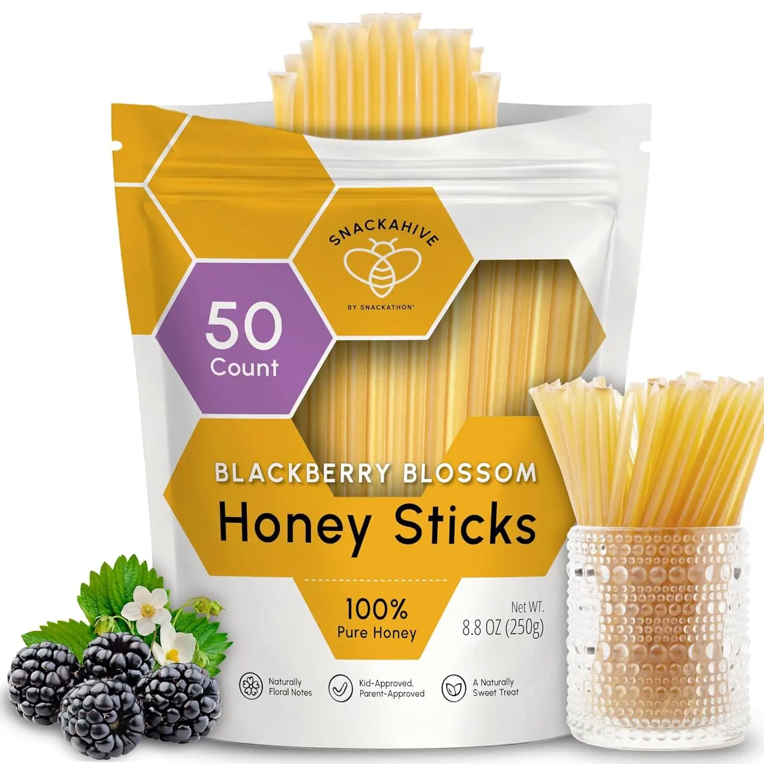 Snackathon Honey Sticks, Blackberry Blossom Pure Honey, Made in USA Honey Straws for Tea & Coffee, Single Serve (1 Teaspoon per Stick)