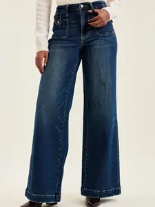 Judy Blue High Waist "lux" Retro Wide Jeans with Front Patch Tab Closure Dk Fade Indigo