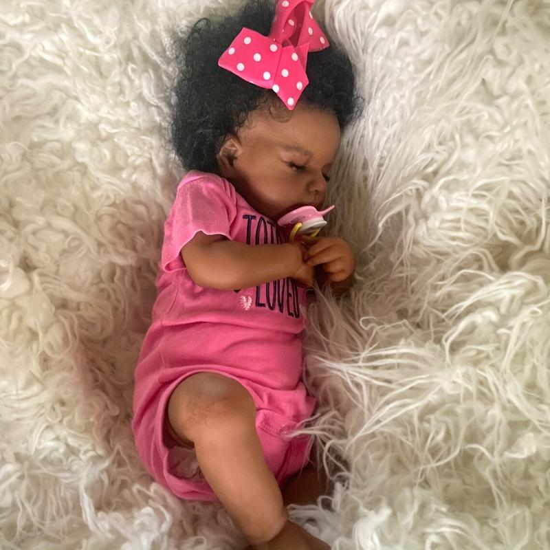 19 Inch/49CM Real Mini Size Hand Rooted Curly Hair Newborn Dolls, Dark Brown Skin, Soft Touch Handmade Dolls, Halloween/Thanksgiving Day/Christmas Gift