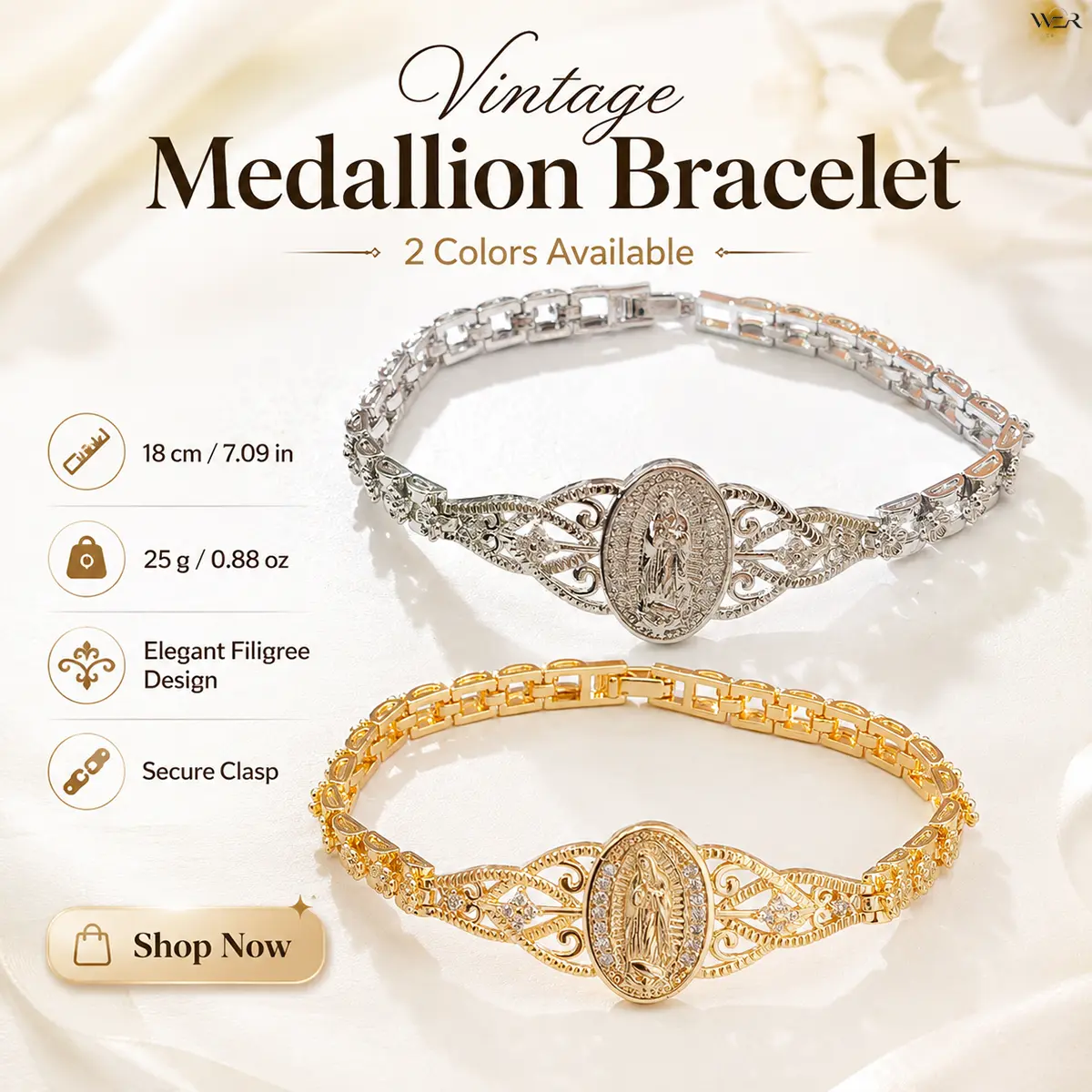 Women's Filigree Virgin Mary Charm Bracelet - Gold/Silver Religious Medal Pendant Bracelet, Sparkling Elegant Lightweight Comfortable Versatile Faith-Based Gift for Daily Wear/Special Occasion, Faith-Based Message Bracelets & Bangles