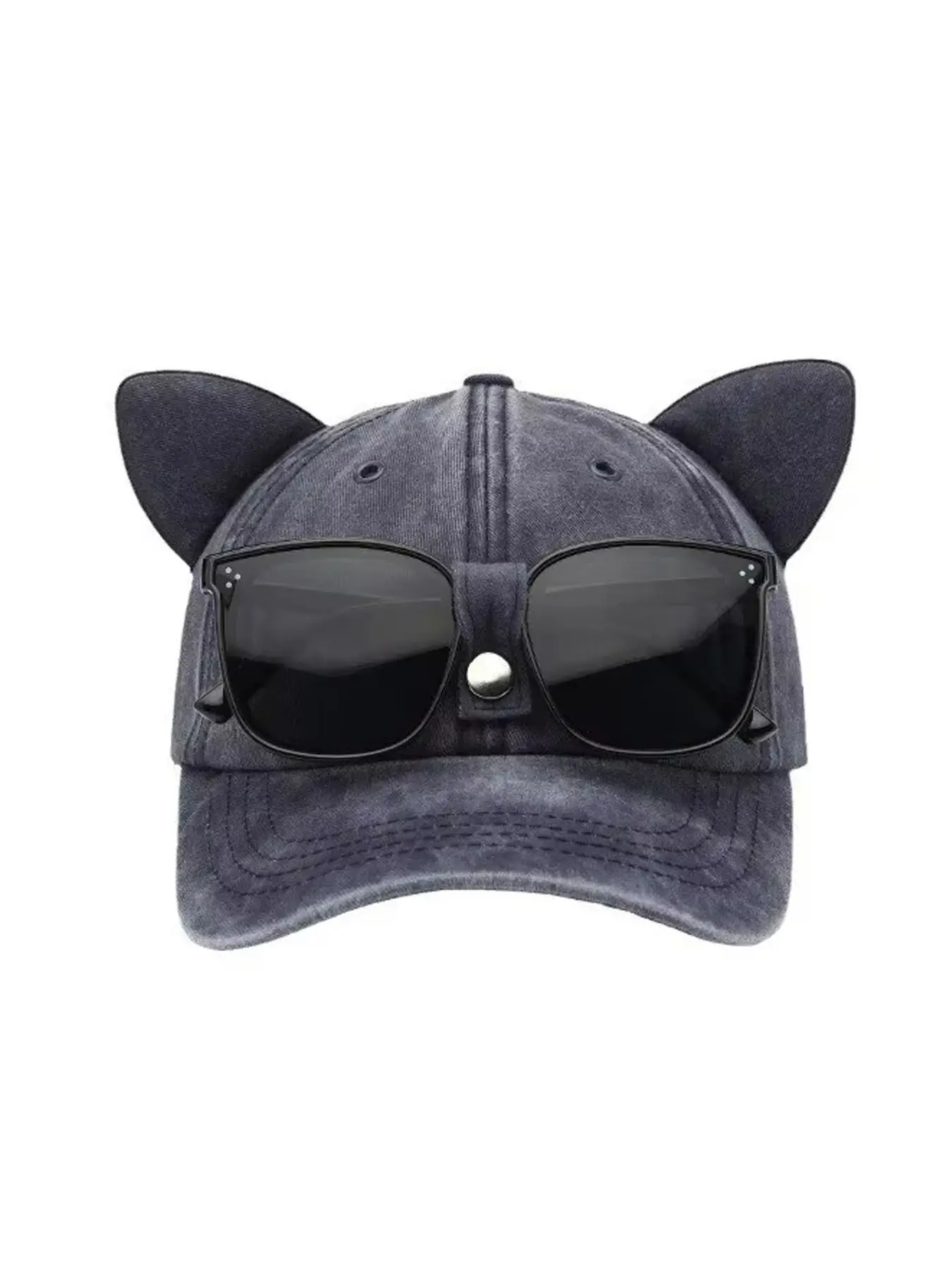 Cute Cat Ears Pilot Hat with Glasses, Water Washed Baseball Cap, Casual Hat, Polyester Cap, Adjustable Snapback Cap, Adjustable Outdoor Sunshade, Unisex Gift, Animal Hats, 1pc New Design