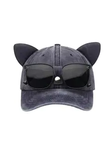 Cute Cat Ears Pilot Hat with Glasses, Water Washed Baseball Cap, Adjustable Snapback Cap, Adjustable Outdoor Sunshade, Unisex Gift, Animal Hats, 1pc New Design
