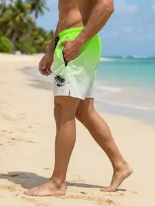 Coconut Tree Sunset Print Beach Shorts, Swim Bottoms, for Men, Summer Casual Board Shorts with 2 Zippered Side Pockets, Breathable Quick Dry Swim Trunks with Mesh Lining, Drawstring Elastic Waistband Swimwear Swimming Shorts