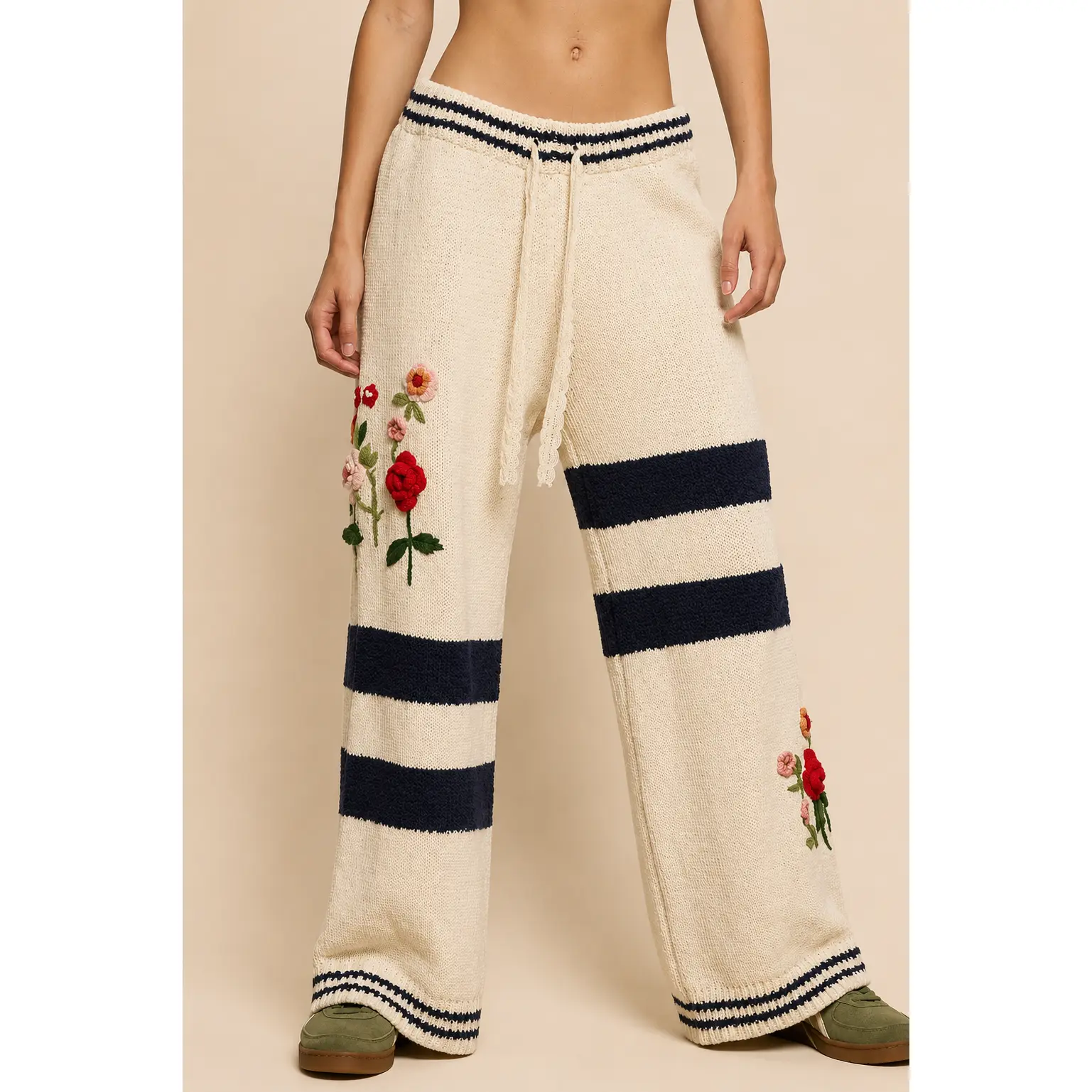 POL Clothing Striped Pattern 3D Embroidered Chenille Sweater Pants