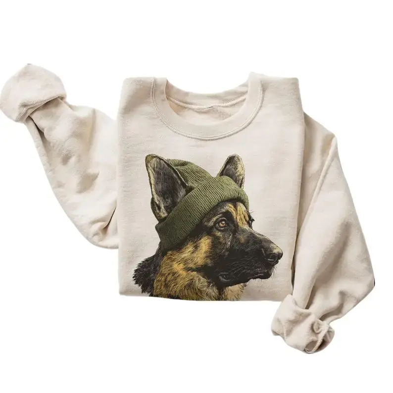 Retro German Shepherd Sweatshirt, Unisex Casual Pullover Tops with Vintage Dog Graphic, Polyester Cotton Blend