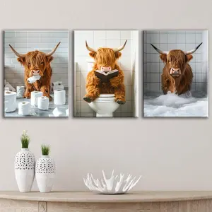 2D Flat Wall Decor Framed Highland Cow Canvas Wall Art Set Of 3, Modern Home Decor For Living Room Bedroom