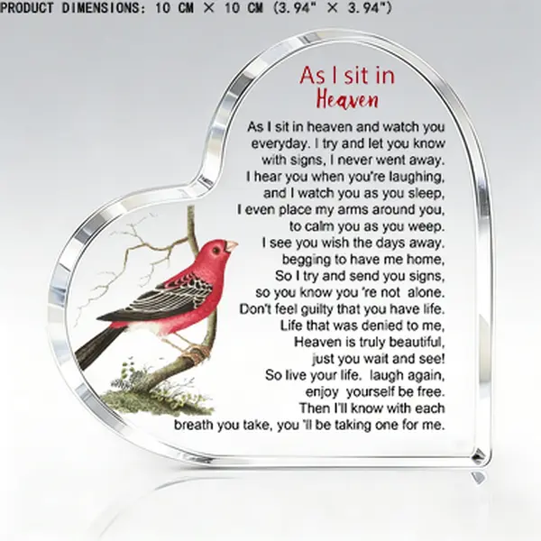10cm×10cm Heart Shape Acrylic Sympathy Sign - Decorative Loss Memorial Bereavement Plaque Ornament, Cardinal Remembrance, Condolence Quote, Soft Glow Light, Soft Light Transmission - Home Decor Gift for Parents