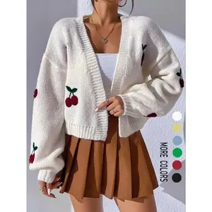 【Plus Size】 Cherry Embroidery Drop Shoulder Open Front Cardigan, Casual Long Sleeve V Neck Knitwear for Spring & Fall, Women's Plus Clothing for Daily Wear