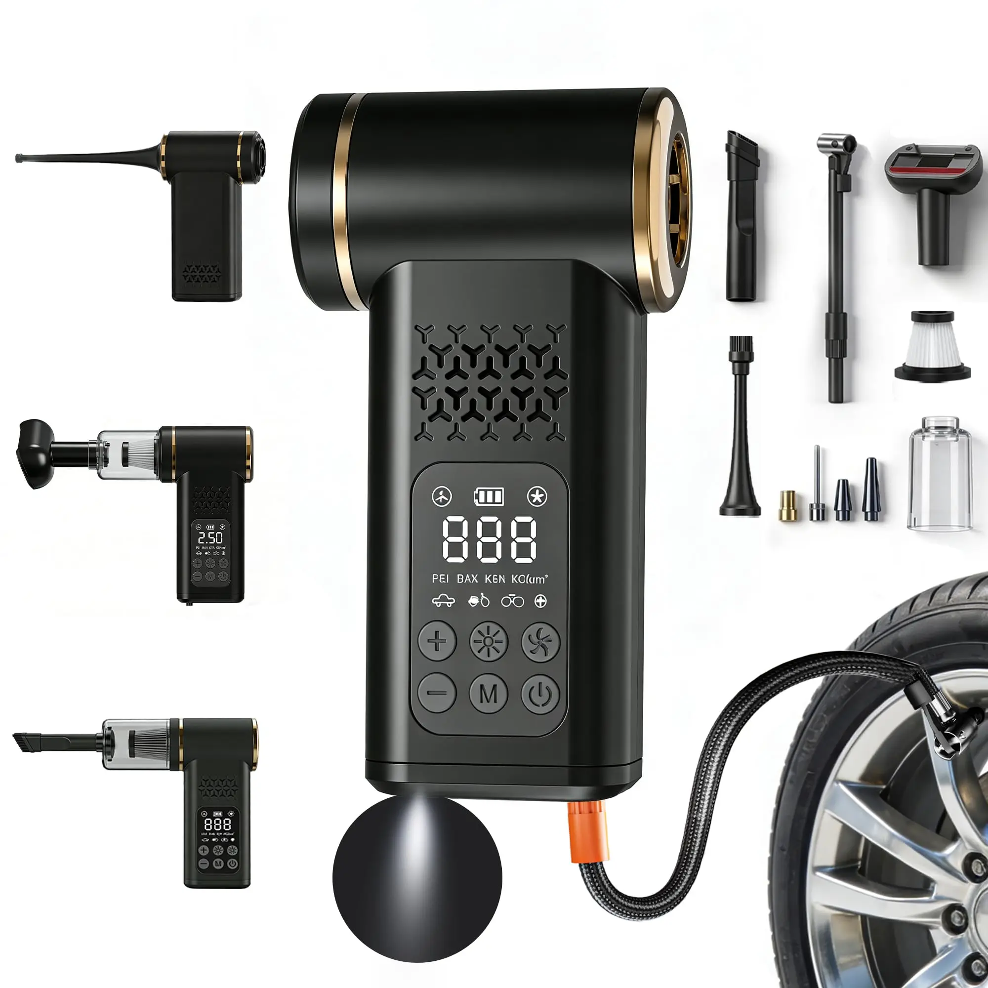 3-in-1 Cordless Vacuum Cleaner with Rechargeable Battery, USB Plug, 150 PSI Max Air Compressor for Inflating Tires, Portable Size for Car, Motorcycle, Balls