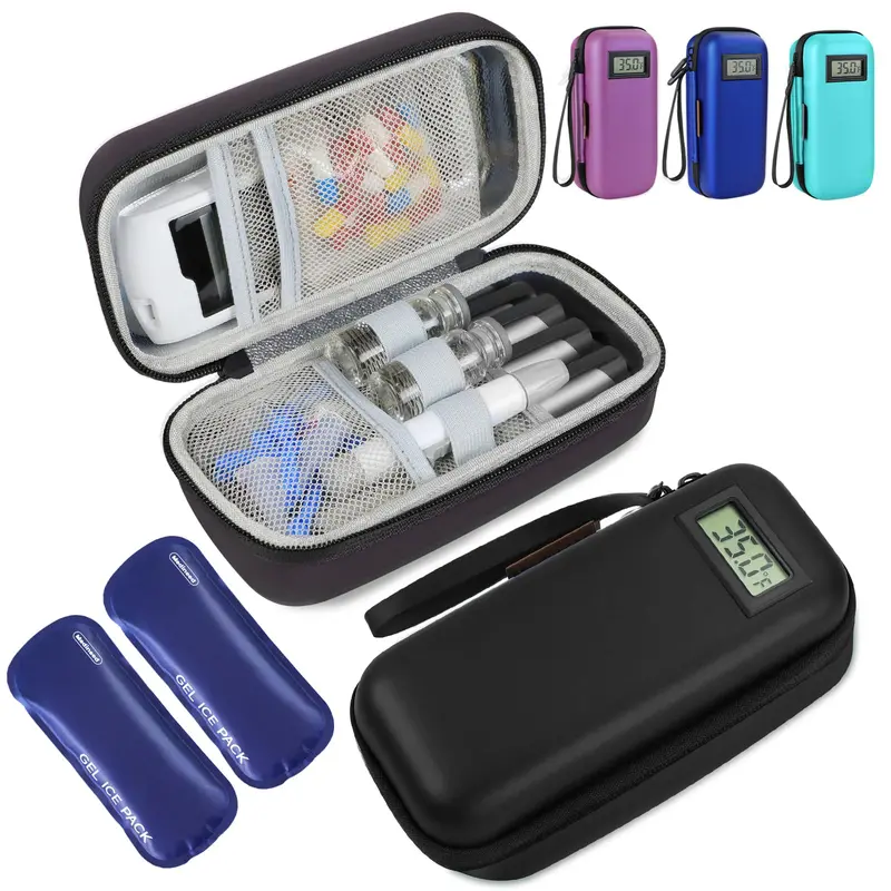 Insulin Cooler Travel Case, Portable Temperature Display Medicine Travel Cooler, travel essentials，Diabetes Case with 2 Reusable Ice Packs TSA Approved for Diabetic Supplies Patent Pending